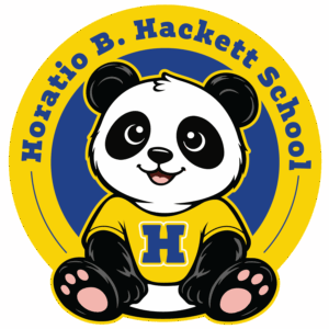 Hackett School logo featuring a smiling panda mascot wearing a yellow shirt with a blue H, surrounded by a circular blue and yellow border with the text Horatio B. Hackett School